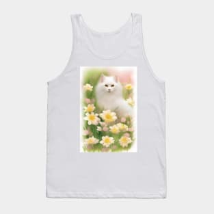 Longhaired White Cat in the Flower Garden Soft Pastel Colors Tank Top